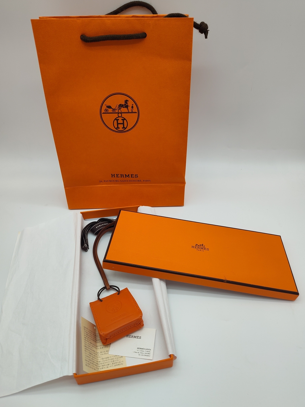 HERMÈS Orange Leather Mini Shopping Bag Charm Japan Vintage Box COA NWT NIB